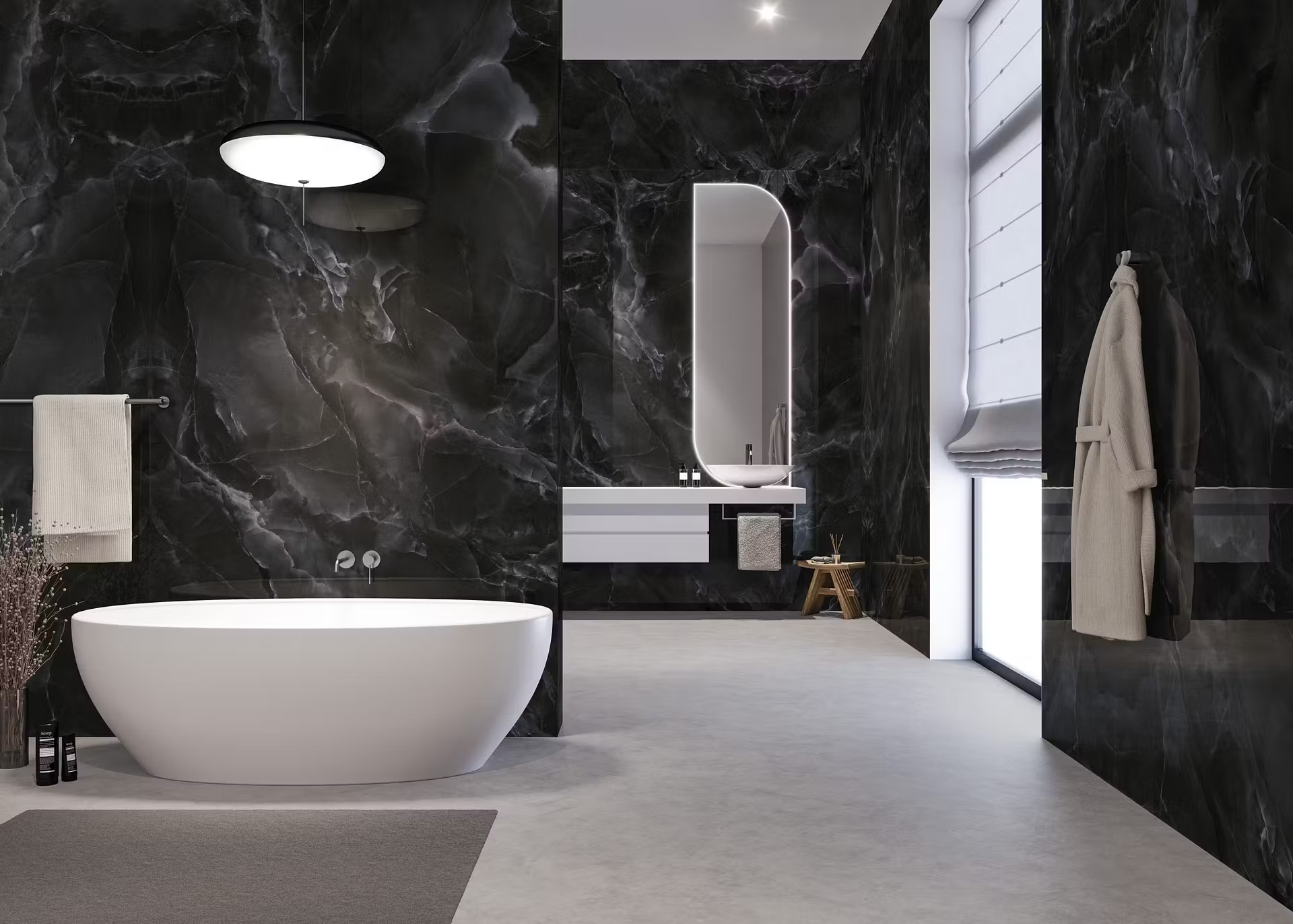 Polished marble bathroom with continuous stone surfaces