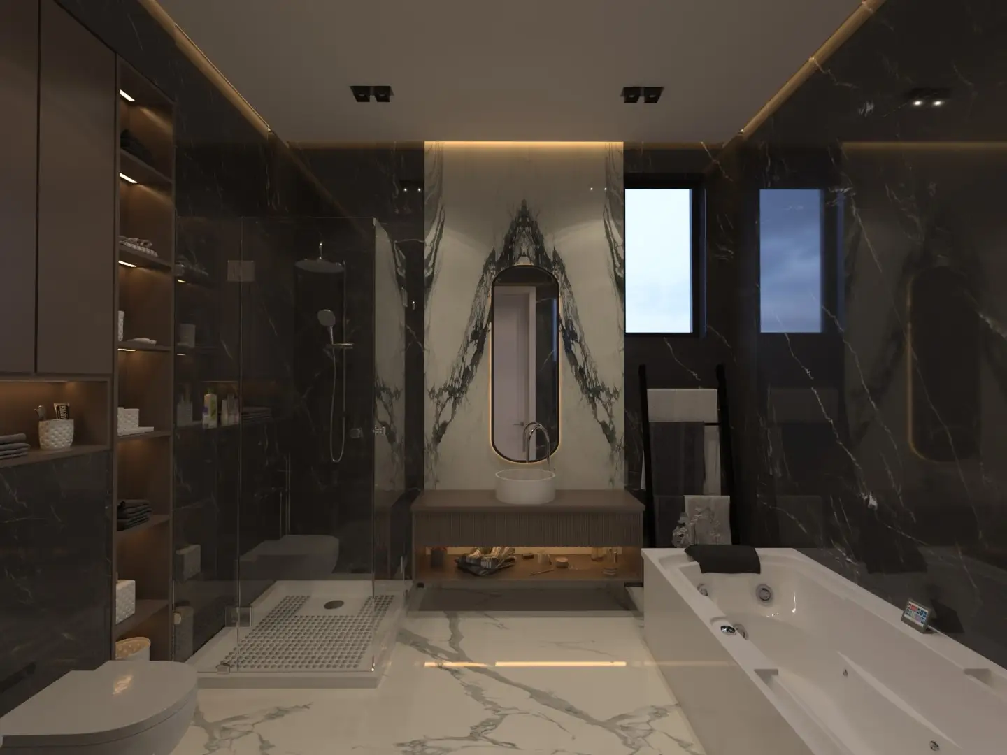 Luxury marble bathroom with large-format stone tiles