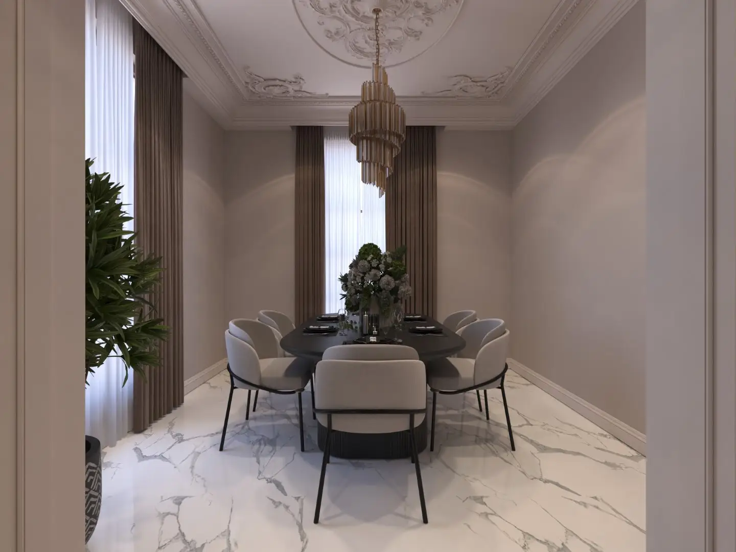 Polished marble flooring in a luxury dining space