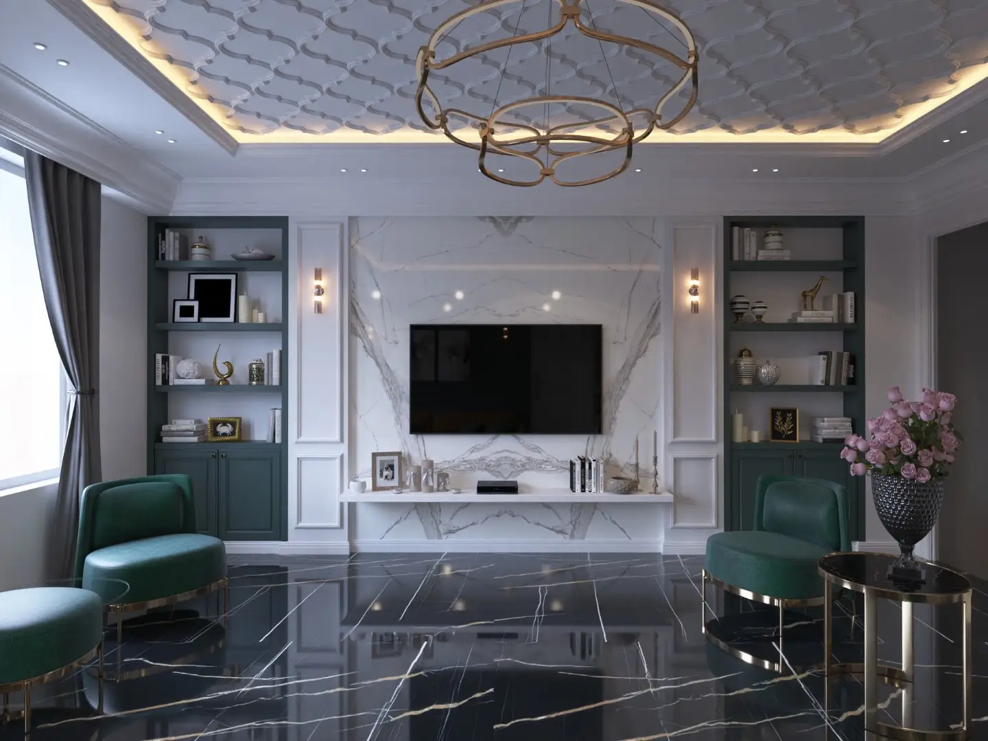 Bookmatched marble wall panel in a luxury living room