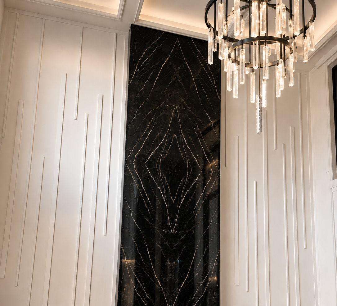 Midnight Vein marble fireplace feature wall by Unique Marble